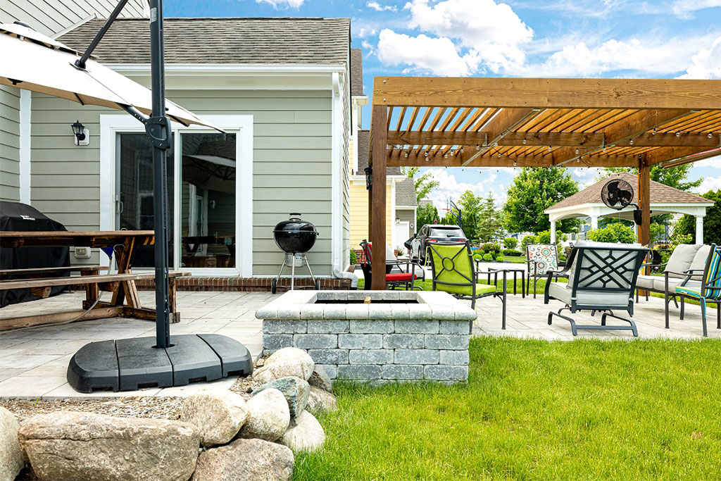 Dual Paver Patio, Fire Pit, and Pergola in Canton